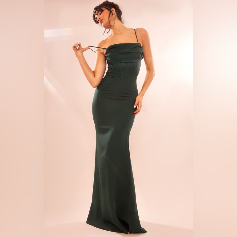 Emerald Green Corset Draped Strappy Dress - Picture 2 of 5